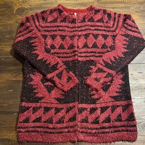 Anthology Red and Black Geometric Patterned Western Cardigan with Pockets